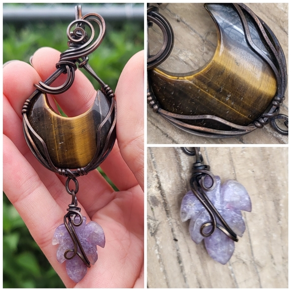 Handcrafted Pendant with Tiger's EyeCrescent Moon & Unicorn Stone Leaf…